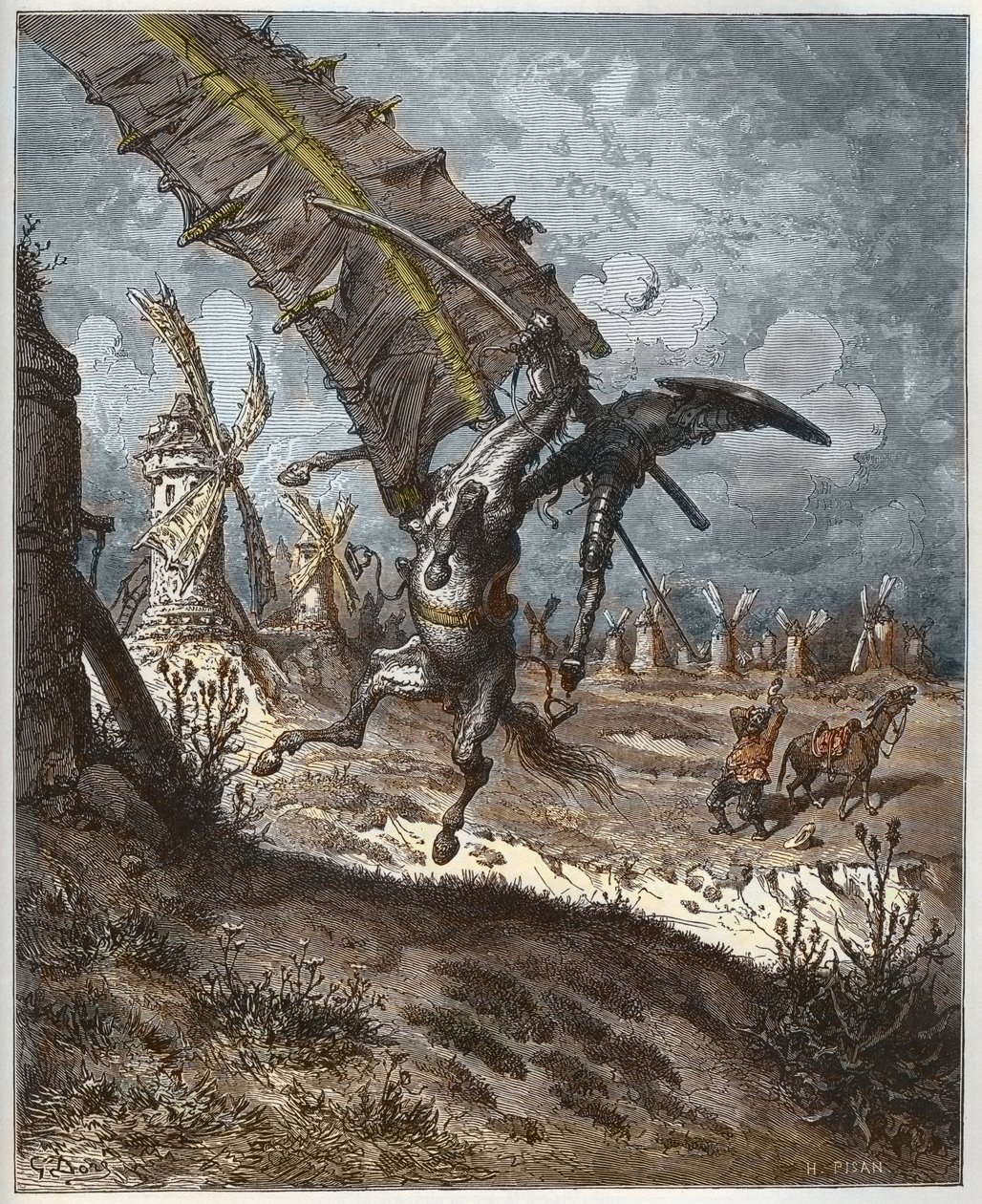 Don Quijote a větrné mlýny z „Don Quijote de la Mancha“ od Miguela Cervantese (1547-1616) (Don Quijote) - vyryl Heliodore Joseph Pisan (1822-90) podle kresby Gustava Dore od Gustave (after) Dore