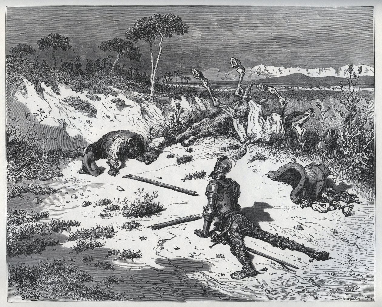 Moralizace dona Quijota o nevděčnosti – z „Don Quijote de la Mancha“ od Miguela Cervantese (1547-1616) (Don Quijote) - dřevořez podle kresby Gustava Dorea od Gustave (after) Dore