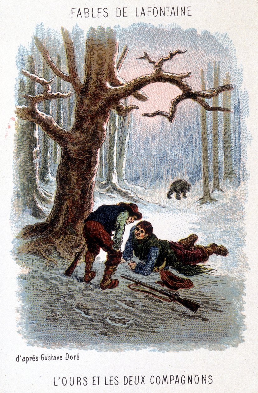 Ilustrace „Medvěd a dva společníci“, bajka od La Fontaine, založená na kresbě Gustava Doré. od Gustave (after) Dore