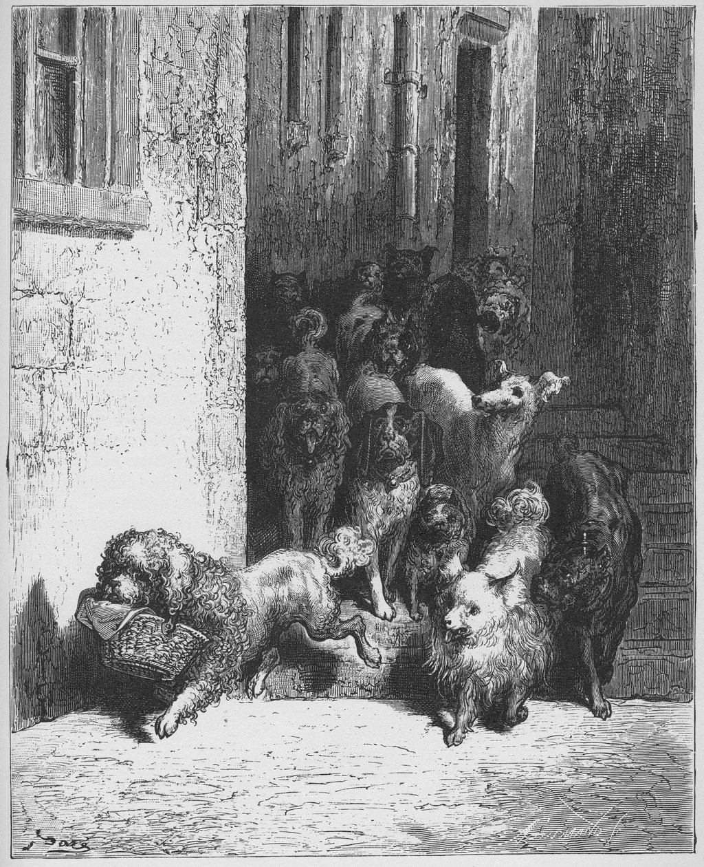 "Pes, který nosí na krku večeři svého pána." Fabeln, La Fontaine (1621 - 1695), Stich von Gustave Doré (1823 - 1883) od Gustave (after) Dore