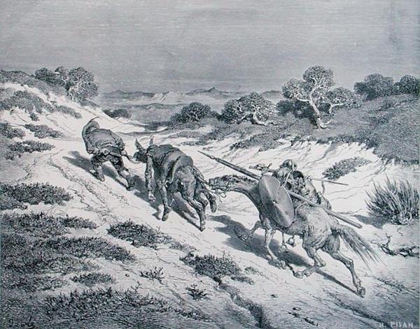 Zbitý rytíř a jeho panoš, z „Don Quijote de la Mancha“ od Miguela Cervantese (1547-1616), vyrytý Heliodorem Josephem Pisanem (1822-90) kolem roku 1868 (rytina) od Gustave (after) Dore