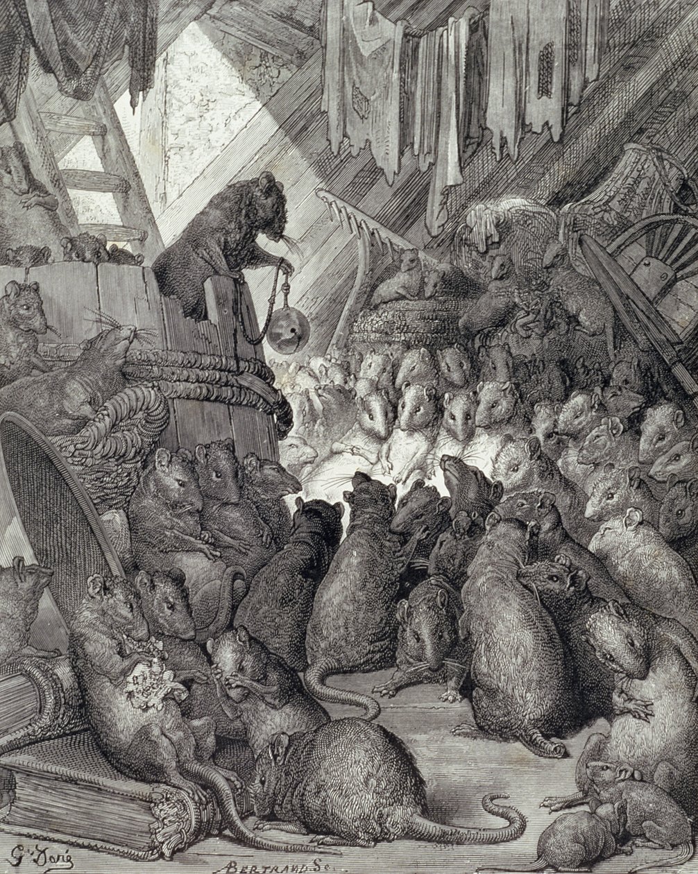 Rada pořádaná krysami, z Bajek La Fontaine, vyryla Antoine Valerie Bertrand (nar. 1823) kolem roku 1868 (rytina) od Gustave (after) Dore