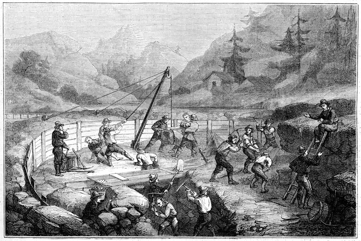 Těžba a praní písku na dně řeky, Kalifornie, 19. století. od Gustave Adolphe Chassevent Bacques