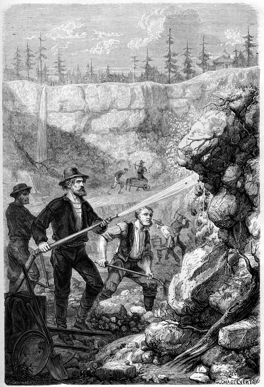 Hydraulic Mining, Kalifornie, 1859. od Gustave Adolphe Chassevent Bacques