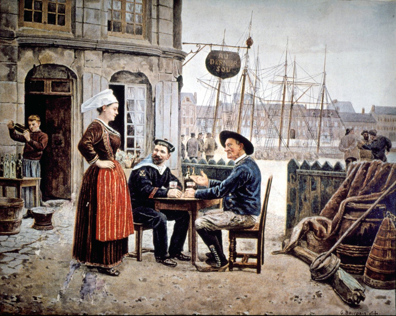 2 muži (námořník a bretaňský rybář) si v baru povídají s bretaňskou servírkou Saint Malo od Gustave Bourgain