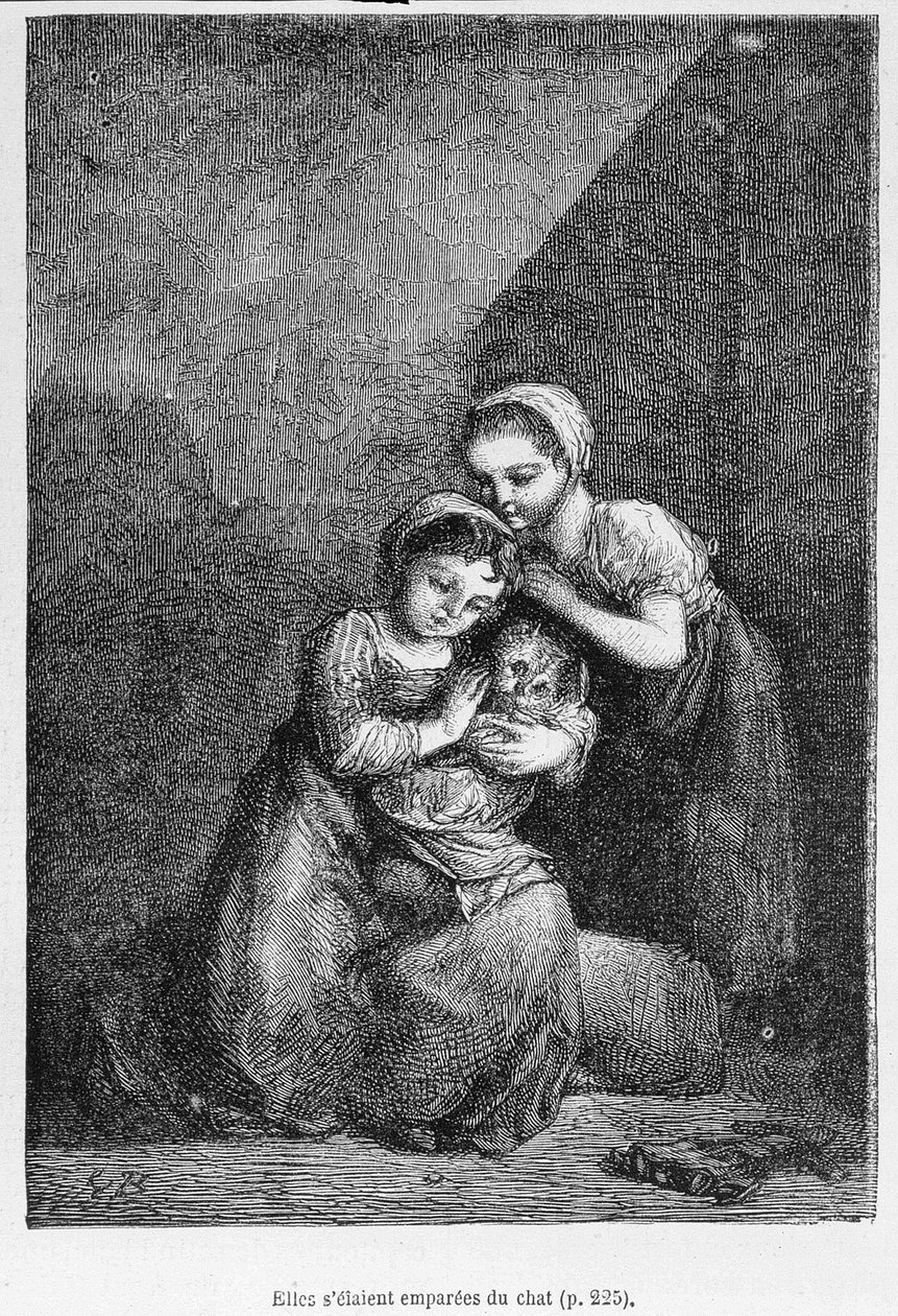 Cosette a její přítel a kočka - ve filmu „Les Miserables“ od Victora Huga, nemocného. od Brion, ed. Hetzel a Lacroix od Gustave Brion