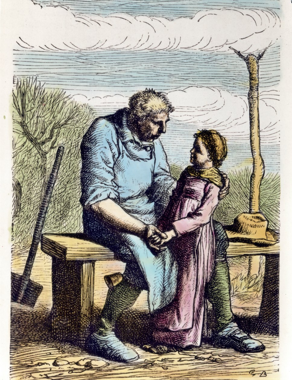 Cosette měla povolení z Bídníků. 1865 (rytina) od Gustave Brion