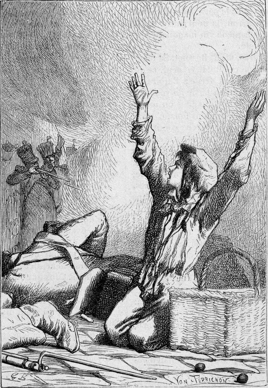 Gavroche padá na barikády - ve filmu „Les Miserables“ od Victora Huga, nemocného. od Brion, ed. Hetzel a Lacroix od Gustave Brion