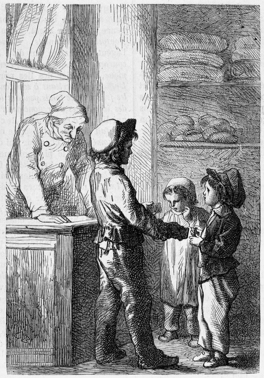 Gavroche dává chléb dětem - v „“Les Miserables““ od Victora Huga, nemocného. od Brion, ed. Hetzel a Lacroix od Gustave Brion
