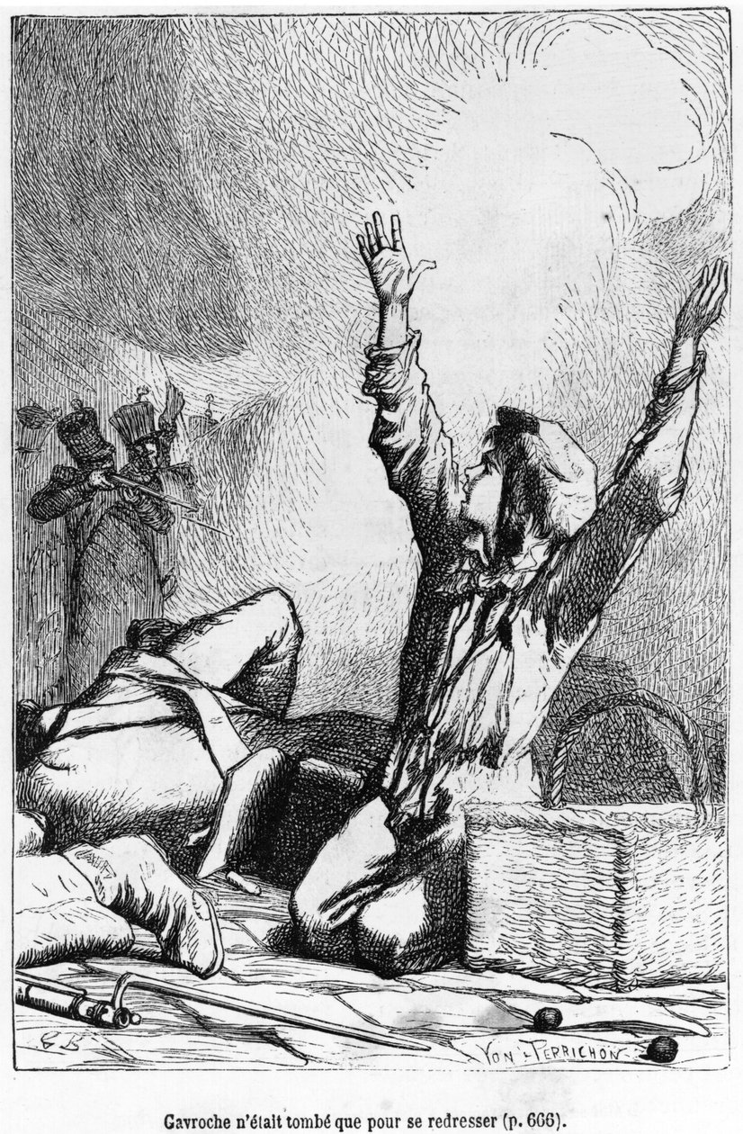 Gavroche padl, aby znovu povstal, ilustrace z „Les Miserables“ od Victora Huga (1802-85) vyrytá Julesem Leonem Perrichonem (1836-97) od Gustave Brion