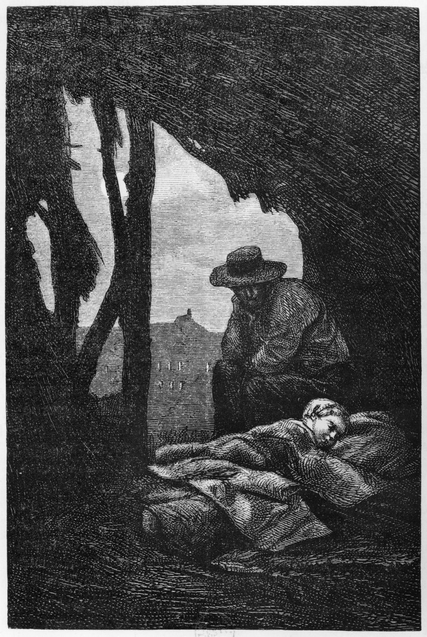 Jean Valjean bdí nad Cosette spící, ilustrace z 