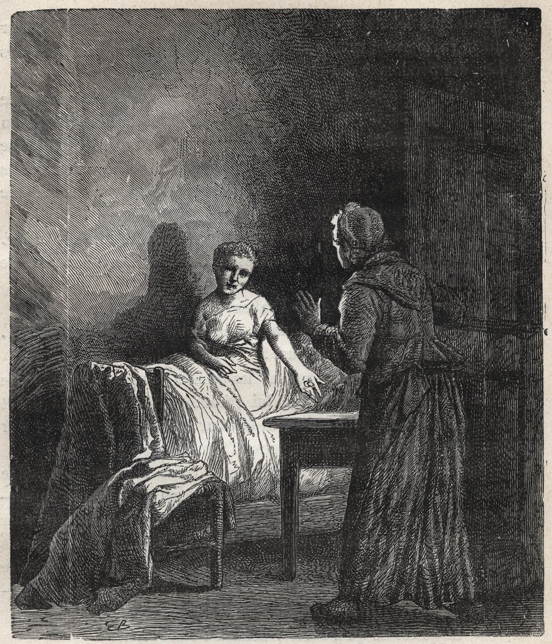 Marguerite vstoupí do Fantineina pokoje a Fantine mu ukáže dva Napoleony (mince), kteří mohou zachránit Cosette, jeho dceru - Ilustrace Gustava Briona (1824-1877) pro „The Miserables - First part: Fantine“ od Victora Huga (1802-1885) 1862 od Gustave Brion