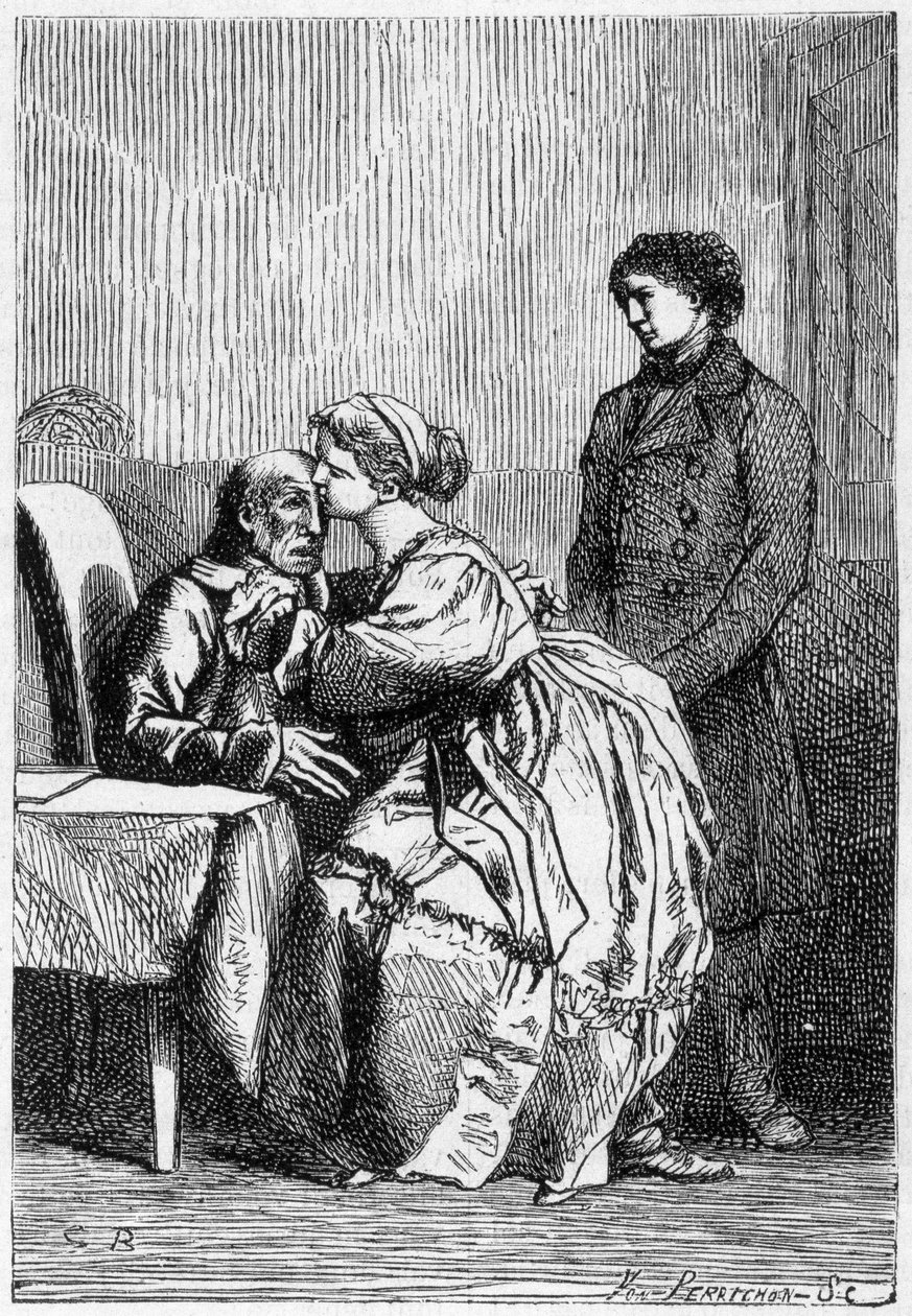 Marius a Cosette navštěvují nemocného Jeana Valjeana - v „“Les Miserables”” od Victora Huga, nemocného. od Brion, ed. Hetzel a Lacroix od Gustave Brion