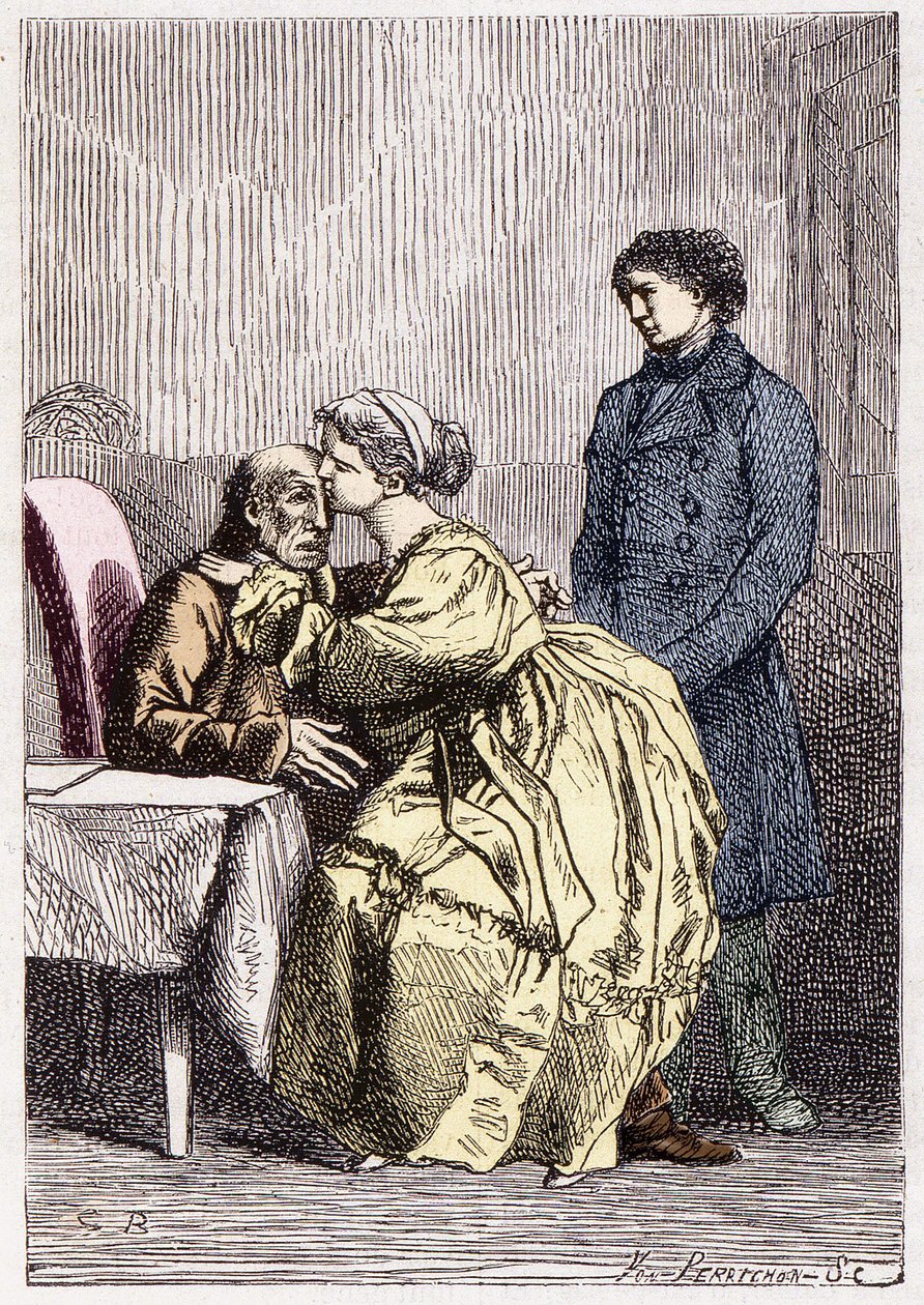 Marius a Cosette navštěvují nemocného Jeana Valjeana - v „“Les Misérables”” od Victora Huga, nemocného. od Brion, ed. Hetzel a Lacroix od Gustave Brion