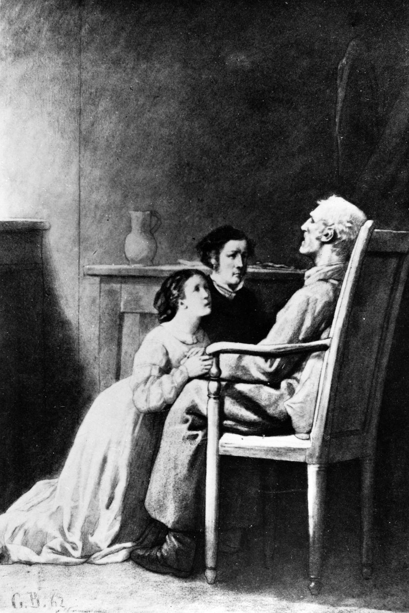 Smrt Jeana Valjeana, ilustrace z knihy Bídníci, Victor Hugo (1802-85) 1862 od Gustave Brion