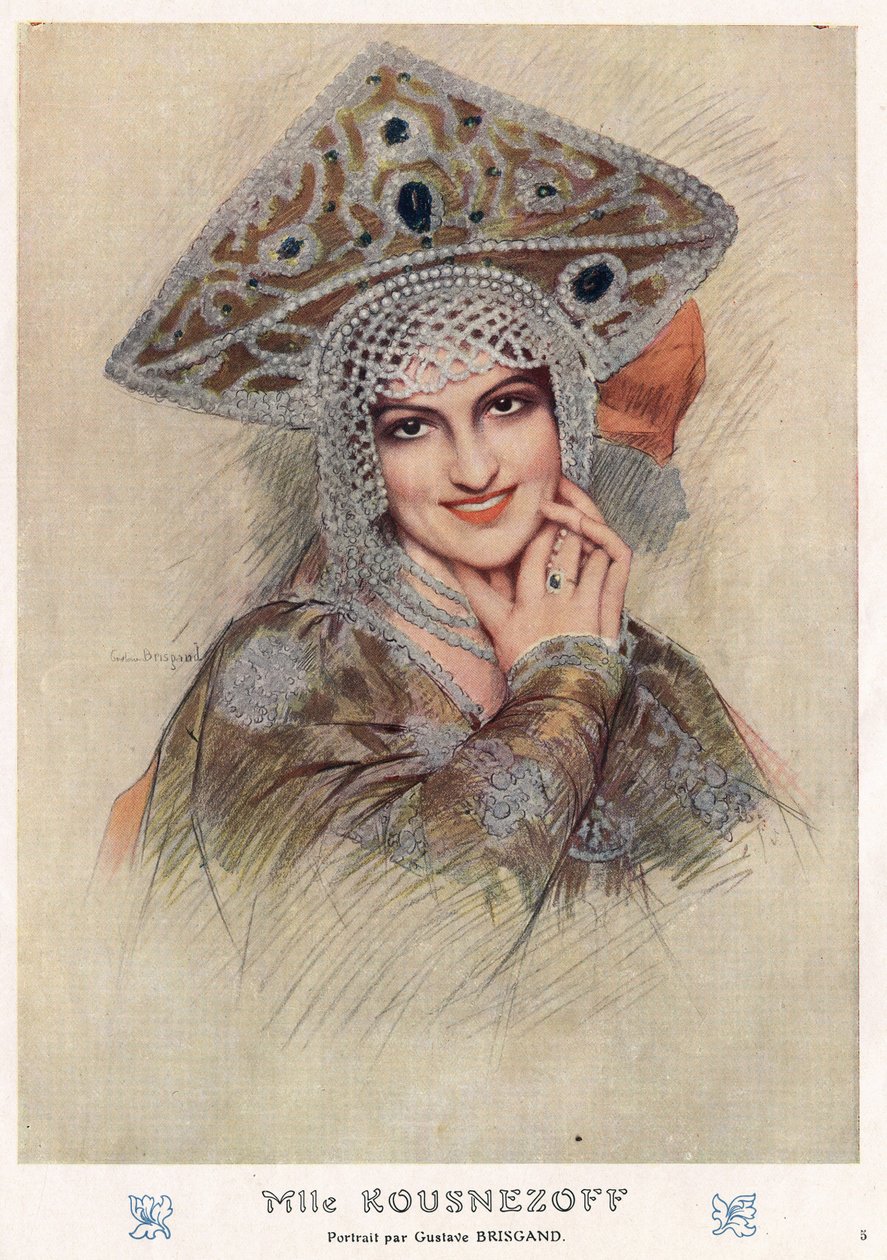 Portrét Marie Nikolajevny Kuzněcovové (Maria Kuzněcovová) (1880-1966), slavné ruské říše 20. století a sovětské operní pěvkyně a tanečnice ve „Fantasiu“ na počátku 20. století (kresba) od Gustave Brisgand