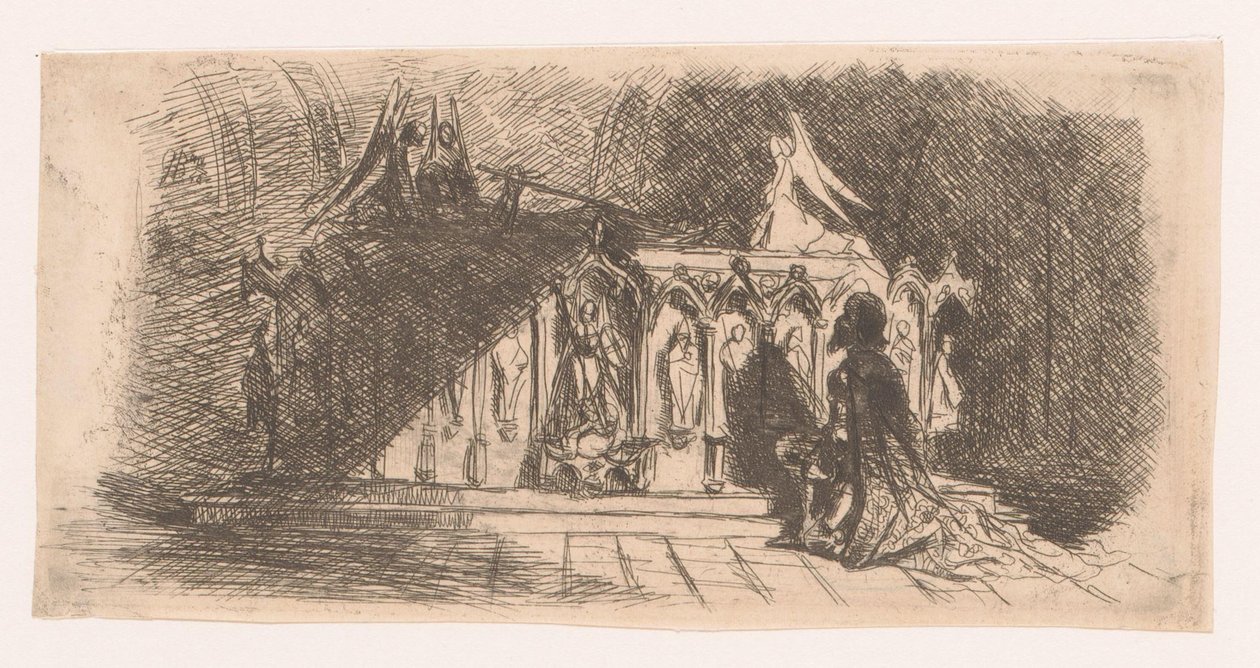 Muž klečí před gotickou hrobkou od Gustave Buschmann