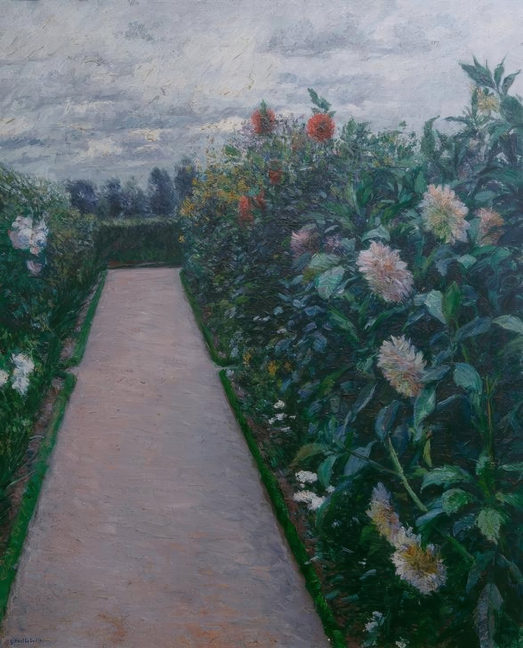 Zahradní cesta a záhony jiřin, Petit Gennevilliers od Gustave Caillebotte