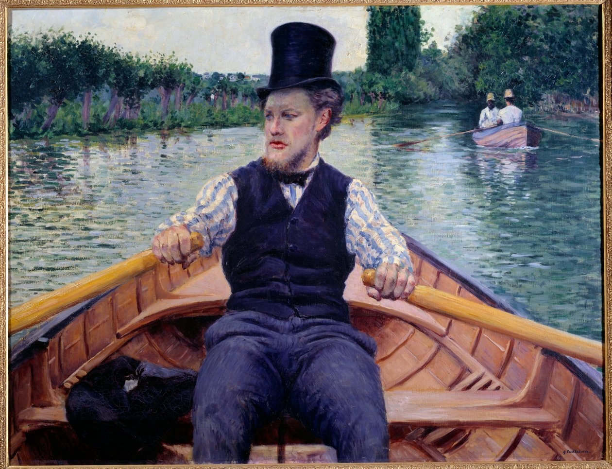 Část lodi. Muž ve vysokém klobouku vesluje na lodi. Obraz Gustava Caillebotteho (1848-1894) od Gustave Caillebotte