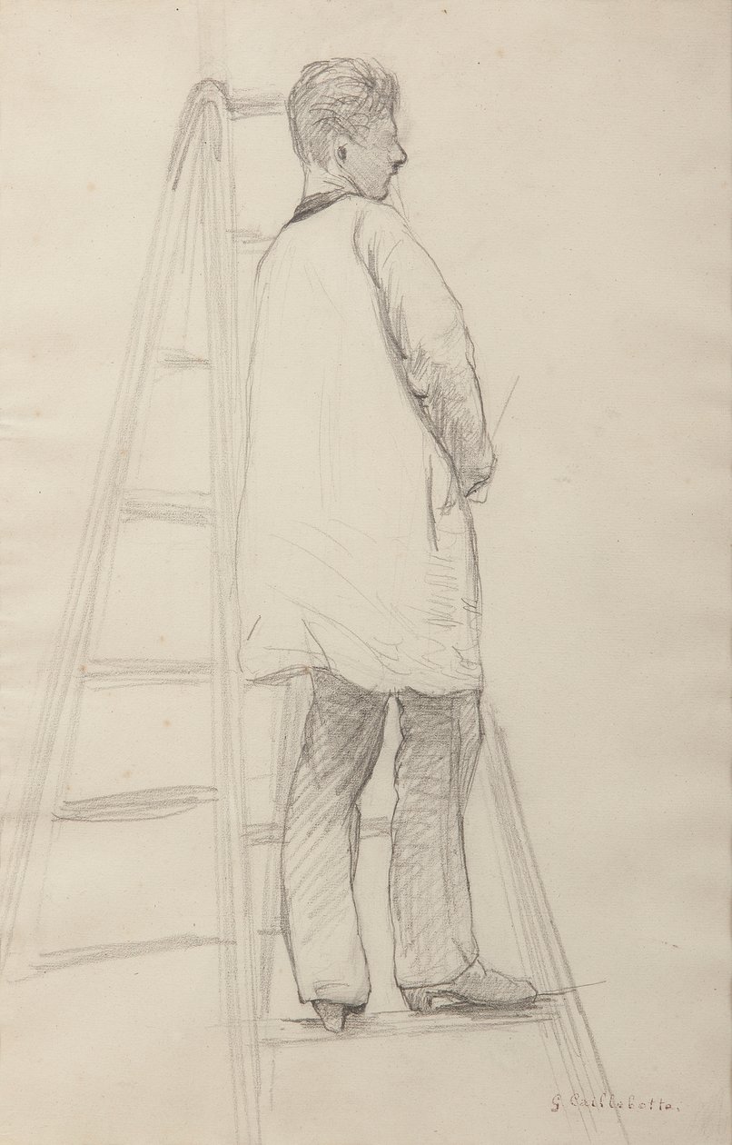 Studie pro malíře pokojů: Muž na žebříku, pohled zezadu ze tří čtvrtin od Gustave Caillebotte