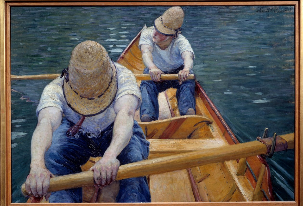 Kanoisté veslující na Yerresově malbě od Gustava Caillebotteho (1848-1894) 1877 Ne. 0,77x1,1 m Soukromá sbírka - The Boatmen on the Yerres. Obraz Gustava Caillebotteho (1848-1894) od Gustave Caillebotte
