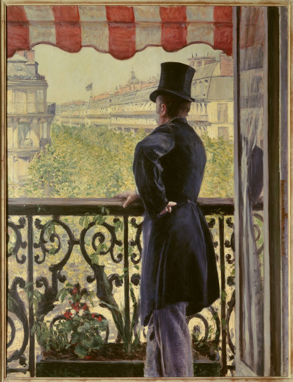 Muž na balkóně Elegantní muž v cylindru spočívá na zábradlí balkónu na velkých pařížských bulvárech. Obraz Gustava Caillebotteho (1848-1894) 1880 ne. 0,86 x 1,14 m. Soukromá sbírka - Muž na balkóně. Chytrý muž v cylindru le od Gustave Caillebotte