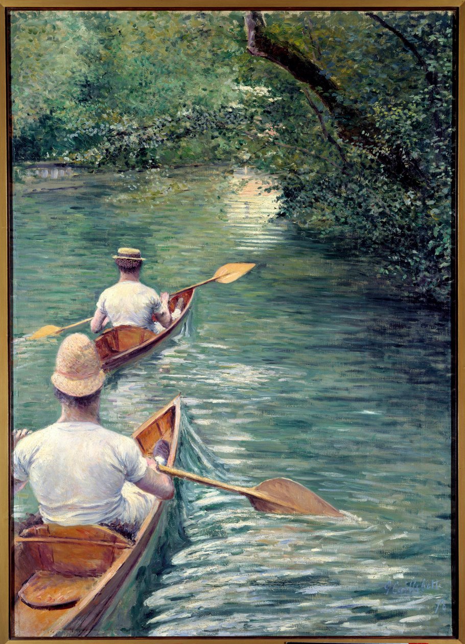 Perissoiry. Pár chodící ve vodě v perissoire, druh kajaku (The Canoes). (Prvek dekorativní sady: triptych navržený s La Peche a la Ligne a Les Baigneurs). Obraz Gustava Caillebotteho (1848-1894) od Gustave Caillebotte
