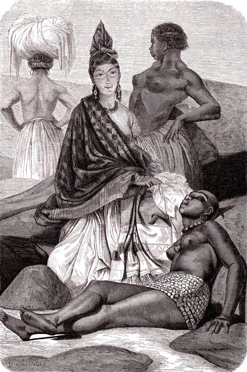 Signare, mulatky-francouzské africké ženy na ostrově Goree v Senegalu. 1861 (rytina) od Gustave Clarence Rodolphe Boulanger