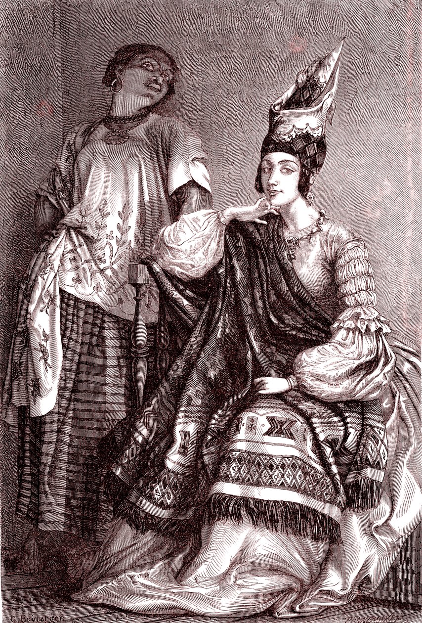 Signare, mulatti-ranskalaiset afrikkalaiset naiset Saint Louisin kaupungissa Senegalissa. 1861 (kaiverrus) od Gustave Clarence Rodolphe Boulanger