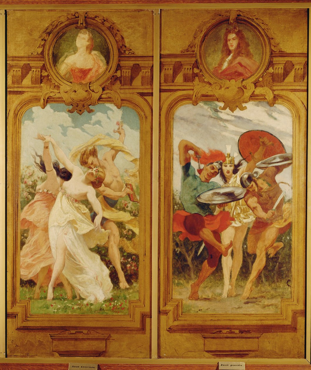 Ve Foyer de la Danse jsou čtyři Boulangerovy nástěnné malby, které zobrazují milostný tanec, tanec milenců a válečný tanec... (nástěnná malba) od Gustave Clarence Rodolphe Boulanger
