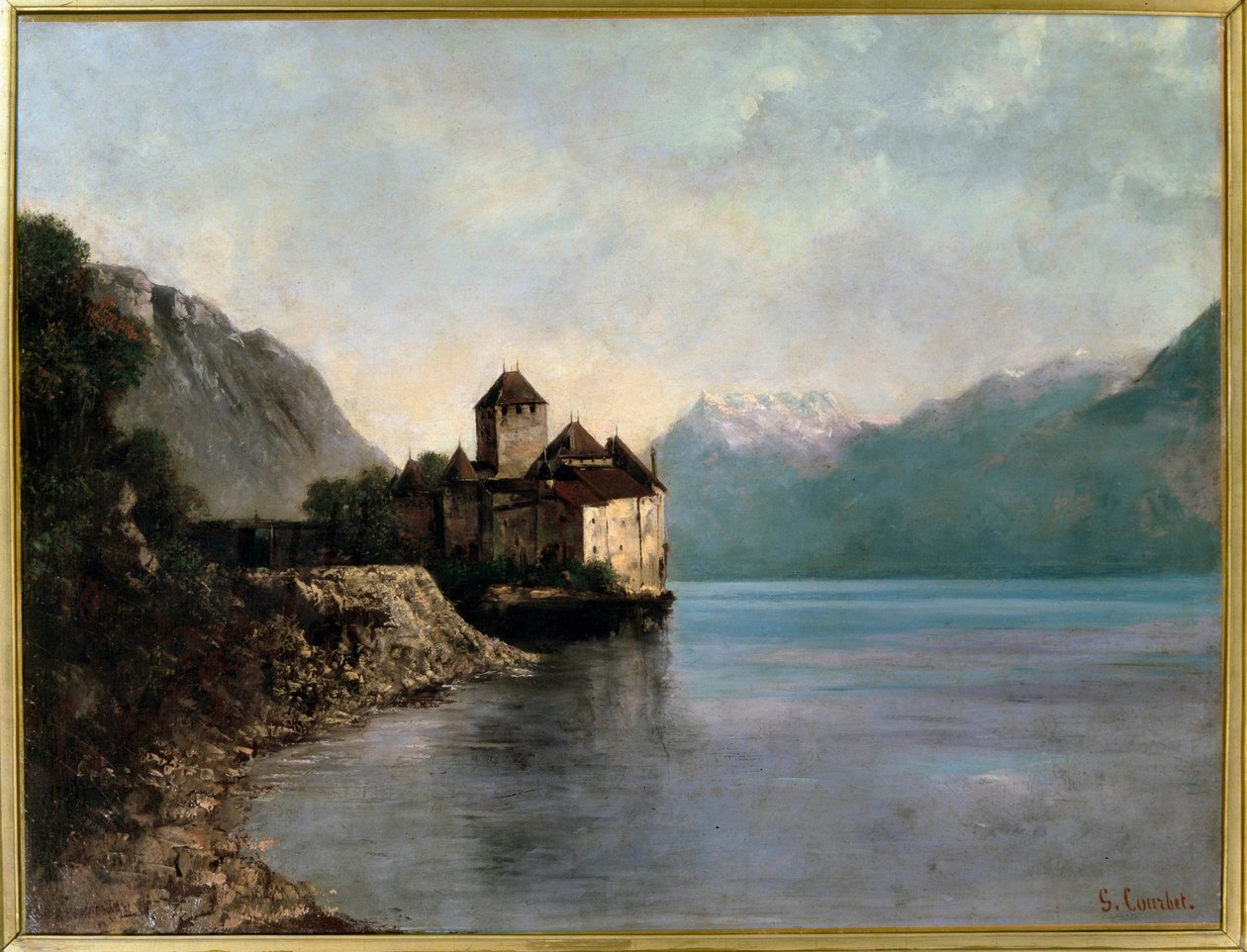 Hrad na břehu jezera Leman ve Švýcarsku. Pohled na hrad Chillon. (olej na plátně od Gustave Courbet