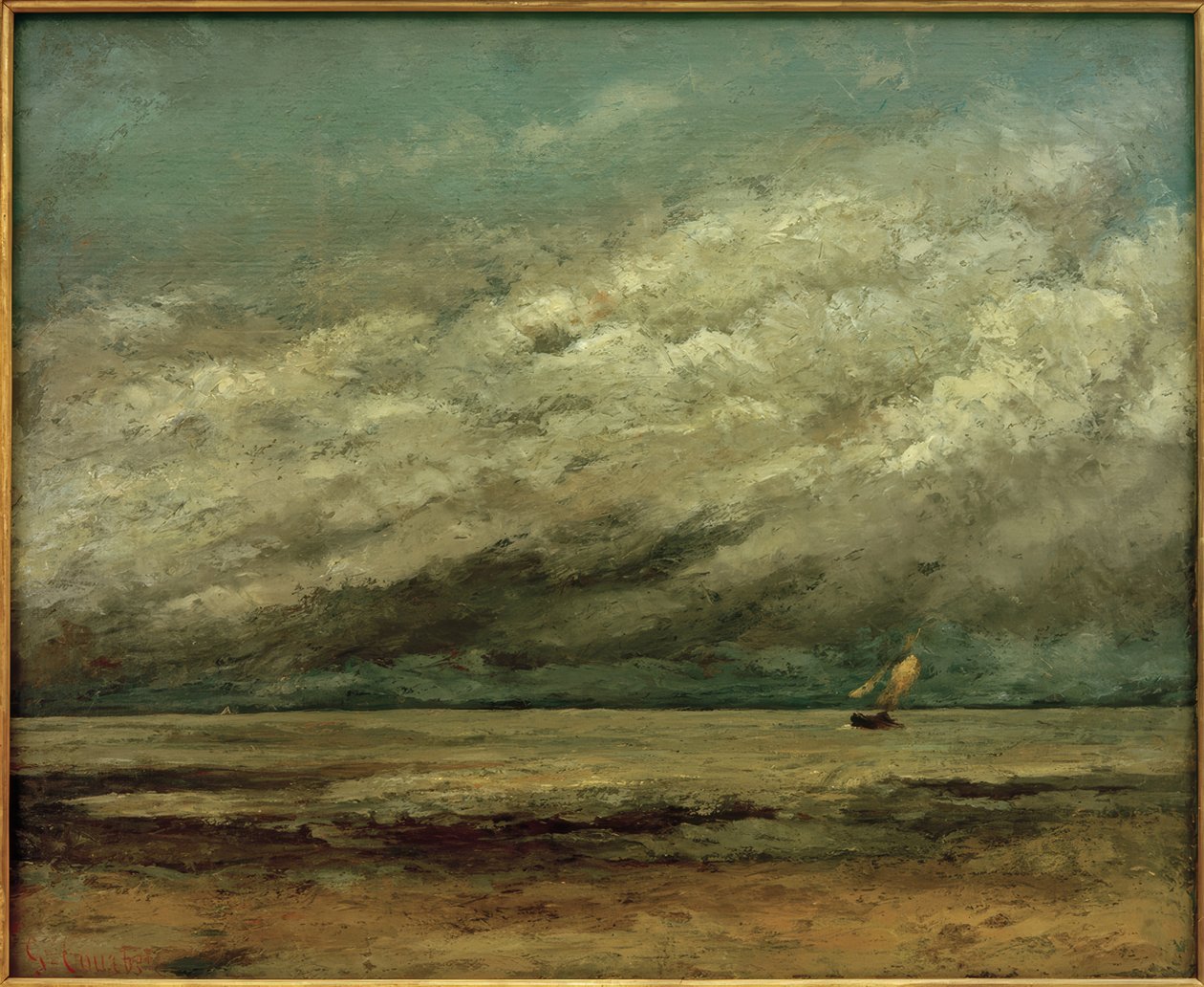 Plachetnice poblíž pobřeží, bouřlivá obloha od Gustave Courbet