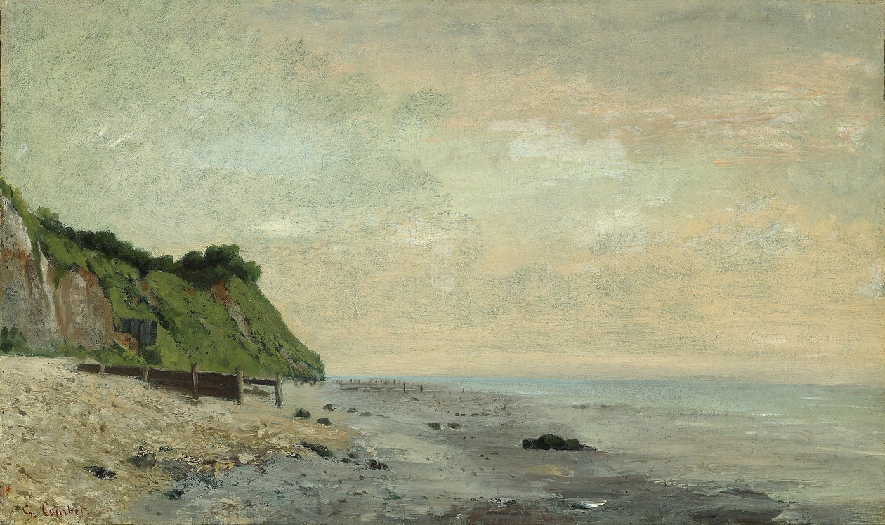 Útesy na mořském pobřeží: malá pláž, východ slunce od Gustave Courbet