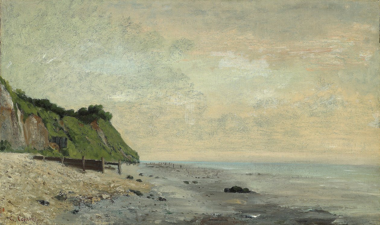Útesy na mořském pobřeží: malá pláž, východ slunce od Gustave Courbet
