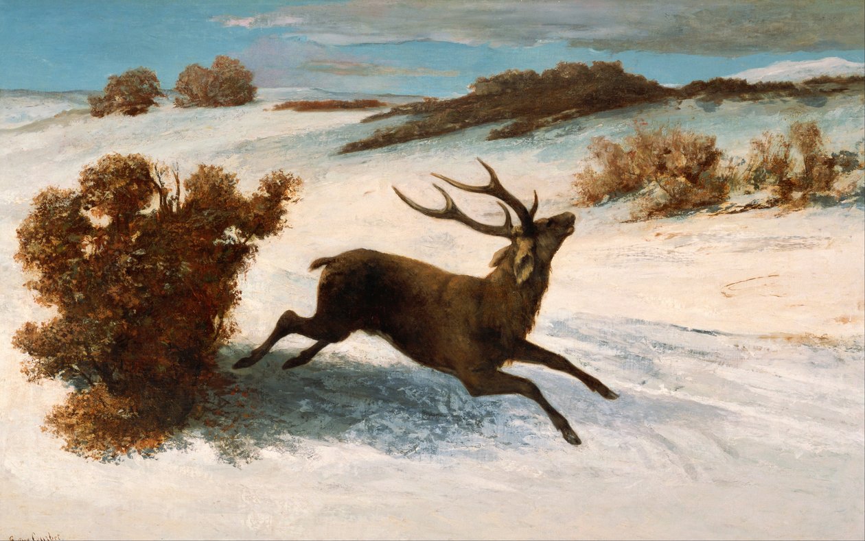 Jelen běží ve sněhu od Gustave Courbet