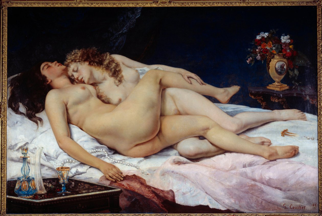 Spát. Dvě nahé ženy se objímaly v posteli od Gustave Courbet