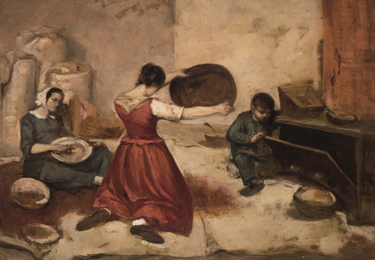 Studie k třídičkám pšenice (Les Cribleuses de Blé), asi 1855 (olej na plátně) od Gustave Courbet