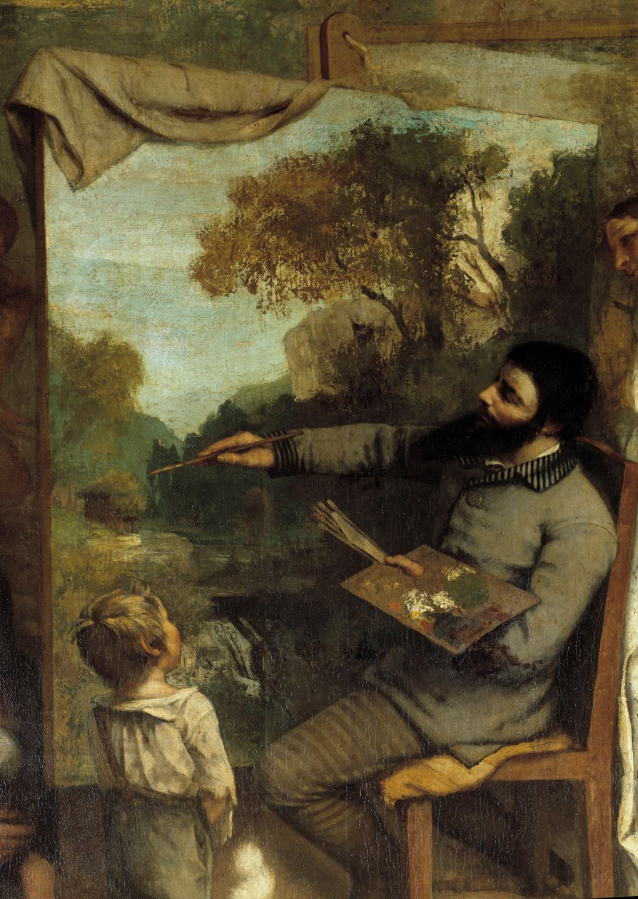 Malířská dílna. Alegorie Reelle určující sedmiletou fázi mého uměleckého života (a morálního) Detail zobrazující malíře obdivovaného dítětem symbolizující nevinnost mládí. Obraz Gustava Courbeta (1819-1877) od Gustave Courbet