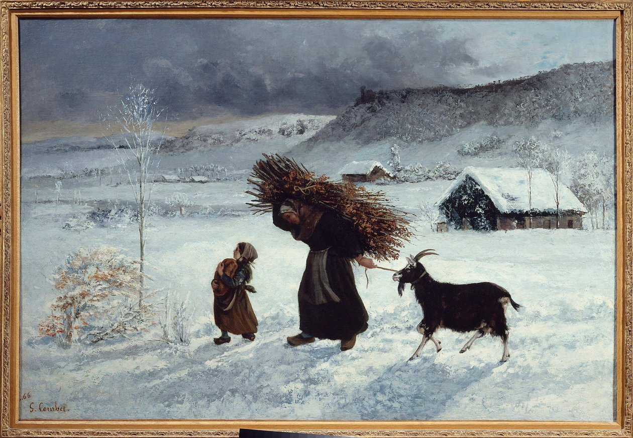 Vesnická chudoba, Ornans. Rolka s dcerou přinášejí chléb, palandy dřeva a kozu jako zásobu na zimu. Obraz Gustava Courbeta (1819-1877) 19. století Sun. 1,26 x 0,85 m. Soukromá sbírka od Gustave Courbet