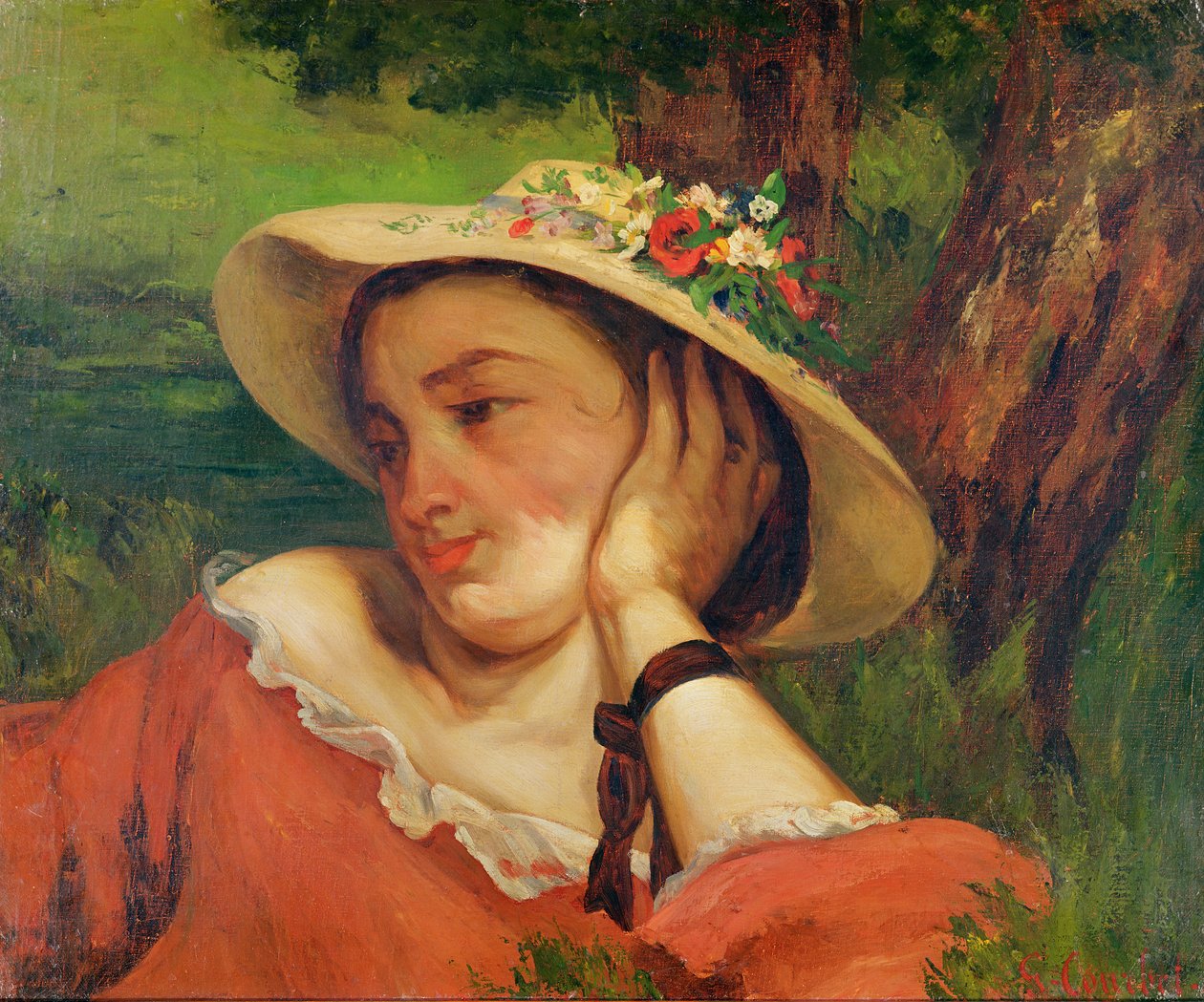 Žena ve slaměném klobouku s květinami, c.1857 od Gustave Courbet