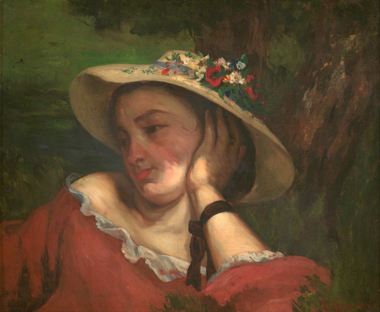 Mladé dámy na břehu Seiny - fragment obrazu (Žena s květinami na klobouku) od Gustave Courbet