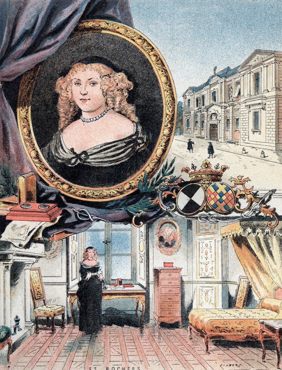 Portrét markýzy ze Sevigne, spolu s Chateau des Rochers a Hotel Carnavalet od Gustave Demoulin