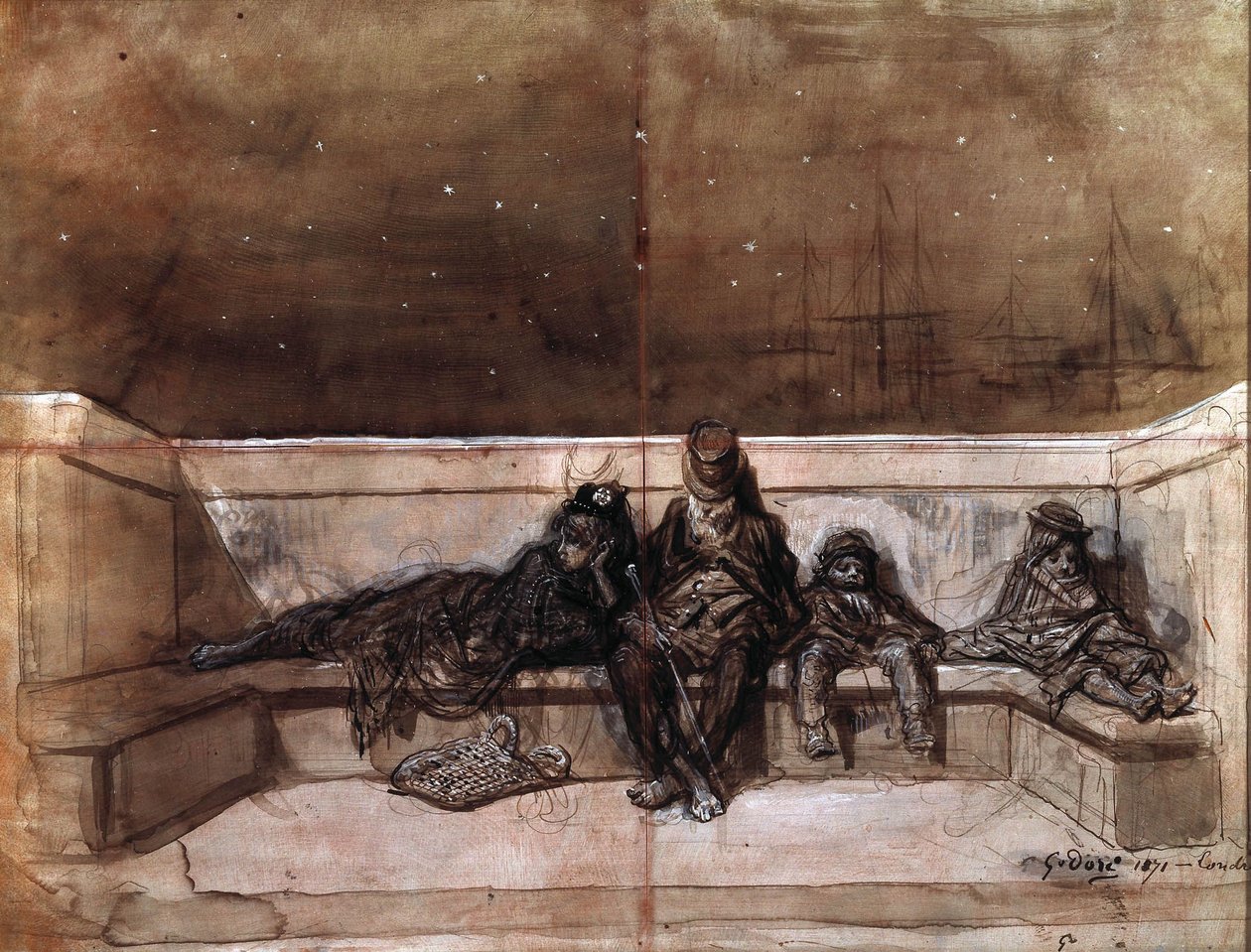 Pár a dvě děti spící na londýnském mostě), Gustave Dore od Gustave Dore