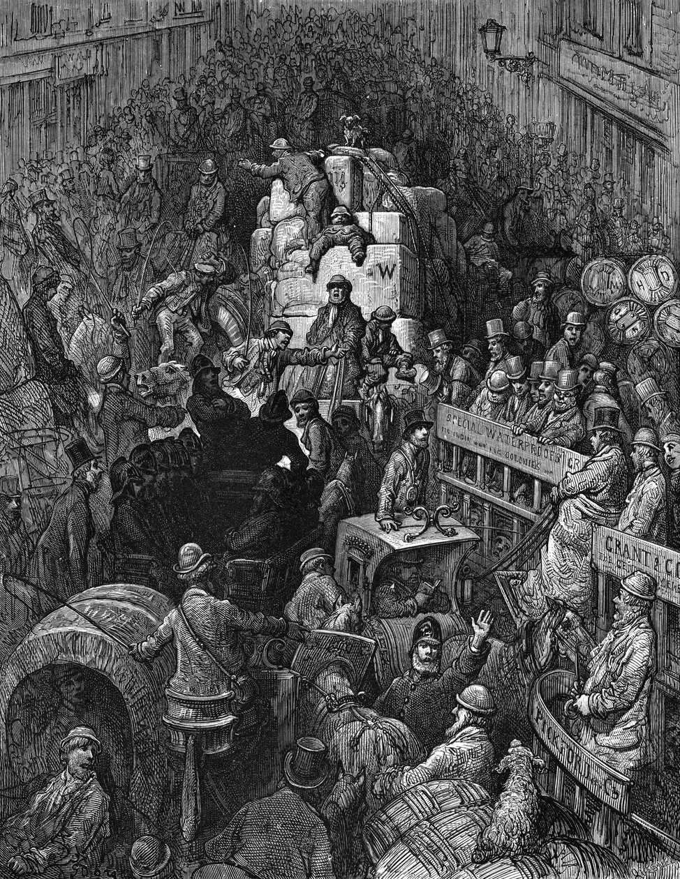 "Průtah městem": Od Gustava Dora a Blancharda Jerrolda Londýn: A Pilgrimage London 1872. Scéna chaotické dopravní zácpy s londýnským policistou, který se snaží uvést vozidla do pohybu. Dřevoryt . od Gustave Dore