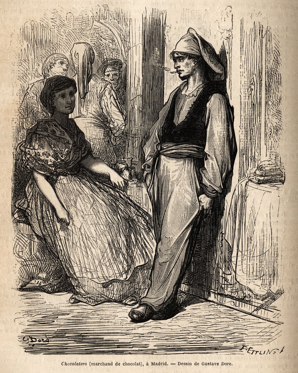 Obchodník s čokoládou pod širým nebem, skica na živé záběry v Madridu. Rytina Gustava Dorea (1832-1883) k ilustraci jeho cesty do Španělska s Ch. Davillier (redaktor), v roce 1862, publikováno v „“Le tour du monde“““ 1869, editoval Edouard Charton, Hach od Gustave Dore