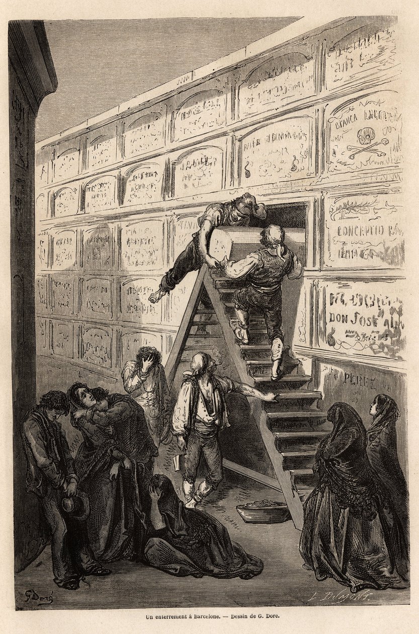 Pohřeb v Barceloně, kresba Gustava Dorea (1832-1883), pro ilustraci jeho cesty do Španělska s C. Davillierem v roce 1862. Rytina v „“ Le tour du monde “, editoval Edouard Charton od Gustave Dore