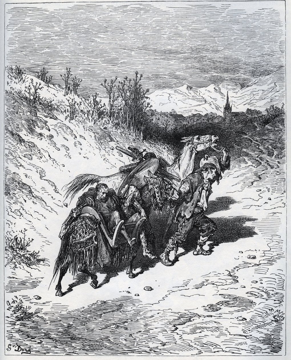 Pluh přivádí Dona Quijota a Rossinante zpět do vesnice – z „Don Quijote de la Mancha““ od Miguela Cervantese od Gustave Dore