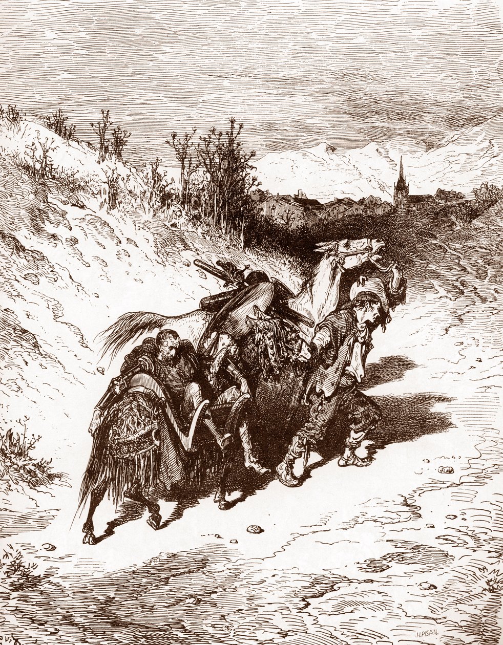 Oráč z vlastní vesnice přivádí Quijota domů Rytina Gustava Dore (1832-1883) pro „L