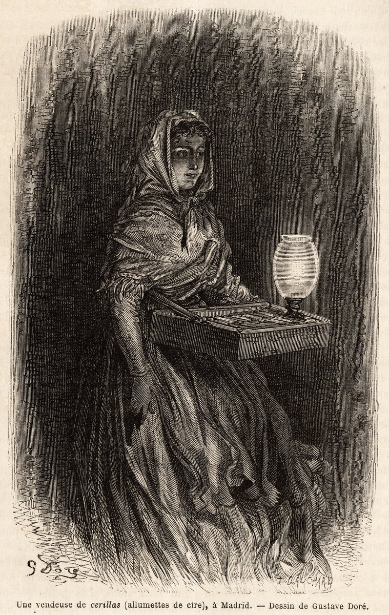 Prodavačka voskových zápalek, skica na živě na puerta del sol v Madridu. Rytina Gustava Dorea (1832-1883) k ilustraci jeho cesty do Španělska s Ch. Davillier (editor), v roce 1862, publikoval v „“Le tour du monde“““ 1869, editoval Edouard Charton, od Gustave Dore