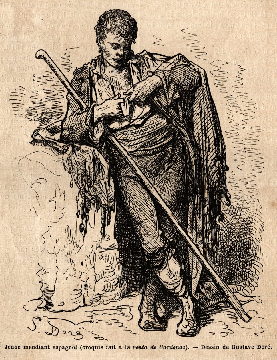 Mladý žebrák, a la vente de Cardenas, hostinec na silnici Almaden (provincie La Manche). Skica pořízená naživo Gustavem Dorem (1832-1883). Rytina pro ilustraci plavby ve Španělsku v roce 1862 od Charlese Davilliera a Gustava Dorea v „Le tour d od Gustave Dore